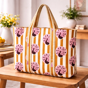 Sac fourre-tout en coton à rayures moutarde et imprimé paon, grande capacité, sac de courses réutilisable, sac à main écologique pour femmes - Product Image 1