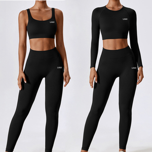 3 Pieces Seamless Spandex Sports Yoga Set Workout <b>Long</b> Sleeve Crop <b>Tops</b> Activewear Gym Fitness Apparel with Front Logo for <b>Women</b> - Product Image 1