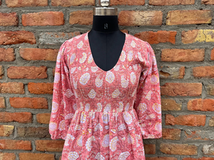 ชุดเดรสผ้าฝ้ายอินเดียพิมพ์ลายด้วยมือ สไตล์ลำลอง ทรงยาว คอวี ปักลายดอกไม้ แขนยาว สำหรับผู้หญิง - Product Image 4