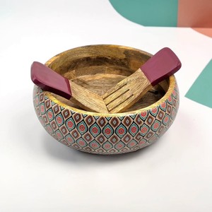 Tazón de Madera Ecológico Hecho a Mano con Diseño Estilo Americano y Asas Rojas para Servir Comida en Fiestas - Product Image 1