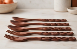 Juego de cubiertos de madera moderno con mangos trenzados clásicos para cocinar, servir, usar en la cocina del hogar y para las comidas familiares diarias. - Product Image 4