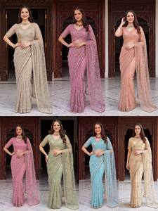Sari de lujo para mujer en colores pastel, con bordado de lentejuelas pesadas y rejilla multicolor, diseño Bollywood, para bodas y fiestas indias. - Product Image 6