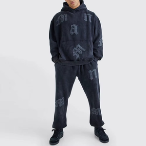 Survêtement à capuche bleu foncé pour homme, manches longues, broderie de lettres, streetwear, coupe ample, coton, vêtements d'automne - Product Image 1