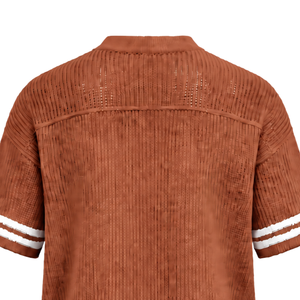 เสื้อเจอร์ซีย์คอวีถักลายทางสีส้มไหม้แบบสั่งทำพิเศษ แขนสั้น น้ำหนักเบา สวมใส่สบาย ทรงโอเวอร์ไซส์ เหมาะสำหรับทีมกีฬา - Product Image 6