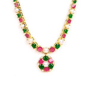 <b>Ruby</b> Pearl Gold Plated Brass <b>Necklace</b> Set Vintage Bridal Wedding Jewelry Statement <b>Necklace</b> Earrings RAY FINE ORNATES IGI - Product Image 2