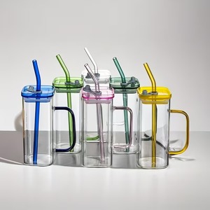 Tasses carrées en verre borosilicate coloré avec couvercle et <span class=keywords><strong>pailles</strong></span>, verres à boire, gobelets pour boissons mélangées - Product Image 1