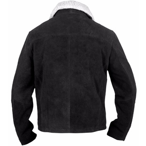 Blouson bomber en daim noir pour homme avec col en fausse fourrure, fermeture éclair, style moto, épais, coupe-vent, vêtement d'extérieur pour l'hiver - Product Image 2