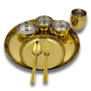 Indian Brass Dinnerware Set Thali Plate with Glasses Bowls <b>Spoon</b> Traditional <b>Serving</b> Tableware for Restaurant Home Decor Gift - Product Image 1