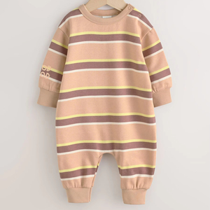 Combinaison rayée unisexe pour bébé, manches longues, col rond, tricotée, 100% coton, respirante, douce, fermeture éclair bidirectionnelle pour nourrisson et tout-petit - Product Image 2