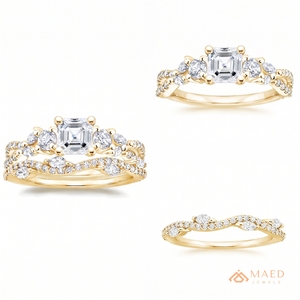 แหวนหมั้นทรง Asscher ประดับเพชรโมอิสซาไนต์ ชุดเครื่องประดับเจ้าสาวสีทอง ประดับเพชรเม็ดกลมด้านข้าง วงแหวนประกายระยิบระยับ เครื่องประดับขอแต่งงานสำหรับเจ้าสาวสุดหรู - Product Image 1