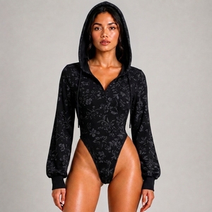 Combinaison décontractée à taille haute pour femme, personnalisée, douce, extensible, à capuche, à manches longues, à motifs, coupe confortable - Product Image 1