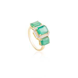 18K Gold Three Stone Emerald Diamond <b>Ring</b> for Women Solid Gold <b>Resizable</b> - Product Image 4