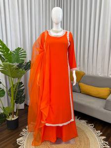 Conjunto de Salwar Kameez Naranja de 3 Piezas, Bordado, para Mujer, Traje de Fiesta y Boda, de Secado Rápido, Corte Ajustado - Product Image 4