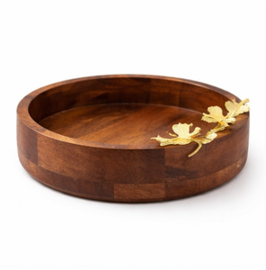 Tazón Redondo de Madera de Acacia Hecho a Mano con Elegantes Detalles Florales de Latón, Tazón Decorativo Premium para Frutas y Ensaladas para el Hogar - Product Image 3