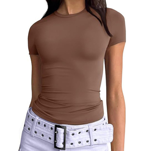 Custom Logo Women's Slim Fit Crew Neck Short Sleeve Knitted T-Shirt Casual Solid Color Top All Seasons - Product Image 3