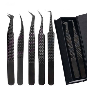 Black Color Coated Stainless Steel <b>Lash</b> Extension Tweezer Set with Isolation Curved Boot 45 Degree and 90 Degree Tips - Product Image 1