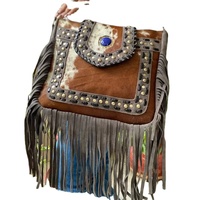 Nouveau sac à bandoulière en cuir véritable style western avec franges en fourrure et perles, sacs à bandoulière en cuir de haute qualité style bohème avec pierres bleues