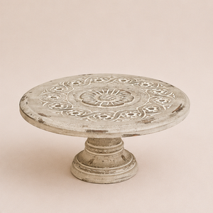 Handcrafted Vintage Distressed Mango Wood <b>Cake</b> <b>Stand</b> With Intricate Floral Carving Rustic Pedestal Dessert Display Riser Decor - Product Image 1