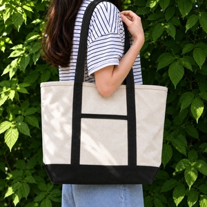 <b>Canvas</b> Tote <b>Bag</b> <b>Large</b> Capacity Beige with Black Trim Top Handle Daily Use Shopping <b>Bag</b> - Product Image 6