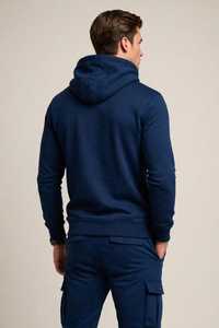 <b>Men's</b> <b>Navy</b> Blue Solid Embroidered Hooded Cotton <b>Fleece</b> Sweatshirt Casual Pullover with Front Pocket - Product Image 3