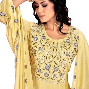 Reyon señoras largo Kurti intrincado corte trabajo bordado hecho a mano Chanderi seda estampado mangas pesado algodón forro indio - Product Image 3