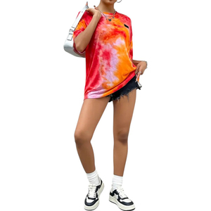 T-shirt en tricot tie-dye pour femmes, col rond, manches courtes, polyester 95% élasthanne 5%, style pull, t-shirts oversize - Product Image 1