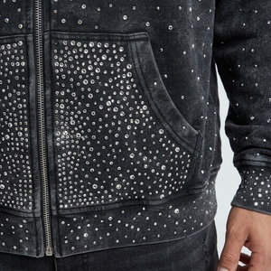 <b>Mens</b> Winter Oversized Plaid Pattern Rhinestone Zip-Up Fleece <b>Hoodie</b> with Breathable <b>Black</b> Crystal Studded & Kangaroo Pockets - Product Image 6