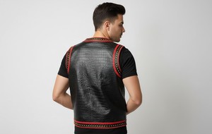 เสื้อกั๊กหนังผู้ชายคอวีปักลายลำลองสไตล์ฤดูใบไม้ร่วงมีซิปปิด - Product Image 4