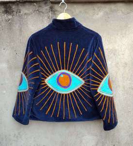 Veste en velours bleu brodée Suzani, veste brodée à la main, manteau artisanal ethnique, vêtements d'extérieur, vestes de demoiselle d'honneur - Product Image 1