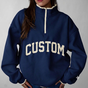 Sudadera Oversize de Cuello Alto para Mujer, Azul Marino, con Letra Bordada Personalizada, Tejida, Manga Larga, Ropa Casual de Otoño - Product Image 1