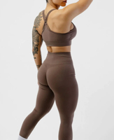 Set Yoga 2 Potong Wanita Warna Cokelat Solid Buatan Khusus, Atasan Crop Top Racerback, Legging Pinggang Tinggi Tanpa Jahitan, Bahan Spandex Polyester Panjang Penuh