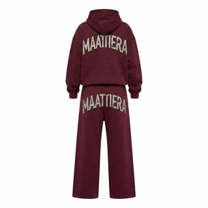 Custom Oversized Women <b>Burgundy</b> Hoodie Wide Leg Sweatpants Tracksuit Set OEM ODM Wholesale Manufacturer - Product Image 3