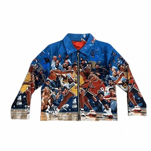 Blouson vintage pour homme avec imprimé de personnage de basket-ball, fermeture éclair, col rabattable, extérieur en polyester/coton, doublure en polyester - Product Image 2