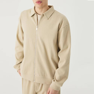 Survêtement en coton beige pour homme, manches longues, fermeture éclair, couleur unie, vêtement d'automne décontracté avec poches latérales, coupe classique - Product Image 4