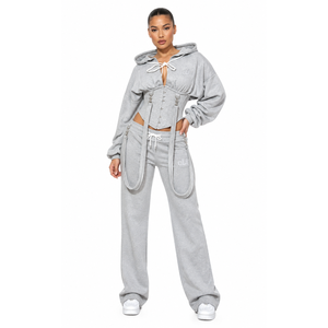 <b>Ladies</b> Tie Front Hooded Pullover Tracksuit Corset Inspired Two Piece Sweat Set Relaxed Fit Baggy <b>Pants</b> Autumn Athleisure Wear - Product Image 5
