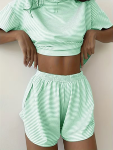 Women Striped 2 Piece Shorts Set Short Sleeve O Neck Loose Fit Cotton Casual Daily Wear Top With Side Split Shorts Spring Summer - Product Image 2