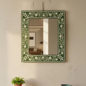 Miroir artisanal rond en bois MDF avec incrustations d'os, écologique, de luxe, moderne, style bohème indien et artistique - Product Image 1