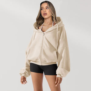 Sudadera con Capucha y Cremallera para Mujer, Hombros Caídos, Mezcla de Poliéster/Algodón, Secado Rápido, Color Sólido, Manga Larga, Transpirable, Invierno/Otoño - Product Image 2