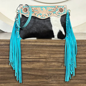 March Expo Cowhide Leather Crossbody Shoulder <b>Bags</b> With Fringes New Style Tooled Turquoise Leather Women's Purse <b>Gift</b> for Her - Product Image 4