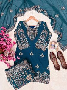 Heavy Embroidery Teal <b>Kurti</b> Set with Sharara Pants Wedding & Party Wear Outfit Ready to Wear Party Wear Ethnic Suit - Product Image 2