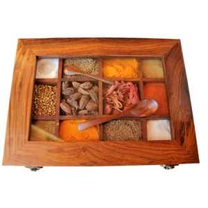 Caja de especias hexagonal de madera hecha a mano con tapa de vidrio, cierre de latón, 6 compartimentos, caja de masala india, contenedor de almacenamiento para cocina - Product Image 2