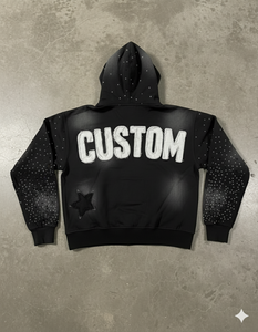 Sudadera con capucha de algodón grueso personalizada con cremallera, apliques bordados desgastados, corte holgado, estilo vintage, lavado ácido, con pedrería - Product Image 2