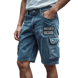 Premium Quality Men's Casual Denim Polyester/Cotton High Waist Breathable Button Fly Shorts with Multiple Pockets Loose Fit - Product Image 4