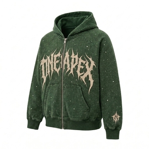 Sweat-shirt à capuche zippé vert foncé délavé pour homme, imprimé étoiles, coupe oversize, style streetwear, fabricant de vêtements personnalisés - Product Image 1