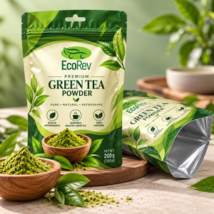 Premium Green Tea Powder 100g Stand up <b>Pouch</b> <b>with</b> Valve Zipper Top Resealable Laminated Silk Screen Printed Food Grade Packaging - Product Image 6
