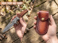 Couteau de chasse pliant en acier Damas, manche en bois de noyer, bolster gravé, étui en cuir embossé à la main, lame à pointe tombante, OEM