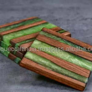Posavasos Cuadrados de Madera de Acacia con Resina Epoxi, Hechos a Mano, Tema Oceánico, para San Valentín, Fiestas en Casa, Novedad - Product Image 1