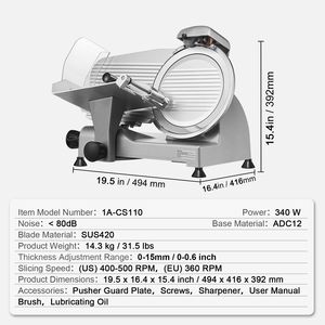 Trancheuse à viande électrique 340W, lame en acier inoxydable SUS420 de 10 pouces, pierre d'affûtage intégrée, trancheuse à viande de 0 à 0,6 pouce - Product Image 6