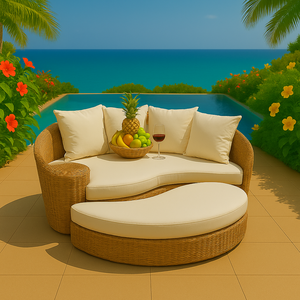 Chaise longue d'extérieur moderne en rotin tressé avec coussins blancs confortables, mobilier de jardin en rotin PE de qualité supérieure pour jardin, bord de piscine - Product Image 5