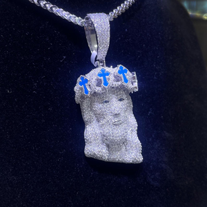 Pendentif Visage de Jésus Plaqué Argent avec Croix Bleue et Couronne, Diamants Moissanite, Charme Religieux, Bijou Hip Hop pour Homme, Cadeau - Product Image 4
